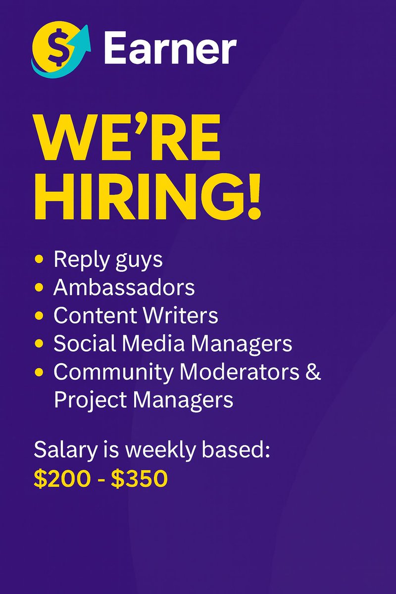 I'm Hiring!!!!

Looking for Web3 Enthusiasts to join my team on a new project

Salary: $100 - $250 Weekly

Interested? leave a comment below on which aspect you're good at

I'll dm you personally

No experience required

Remote 4- 12 hours daily required

Like, rt &amp; turn on