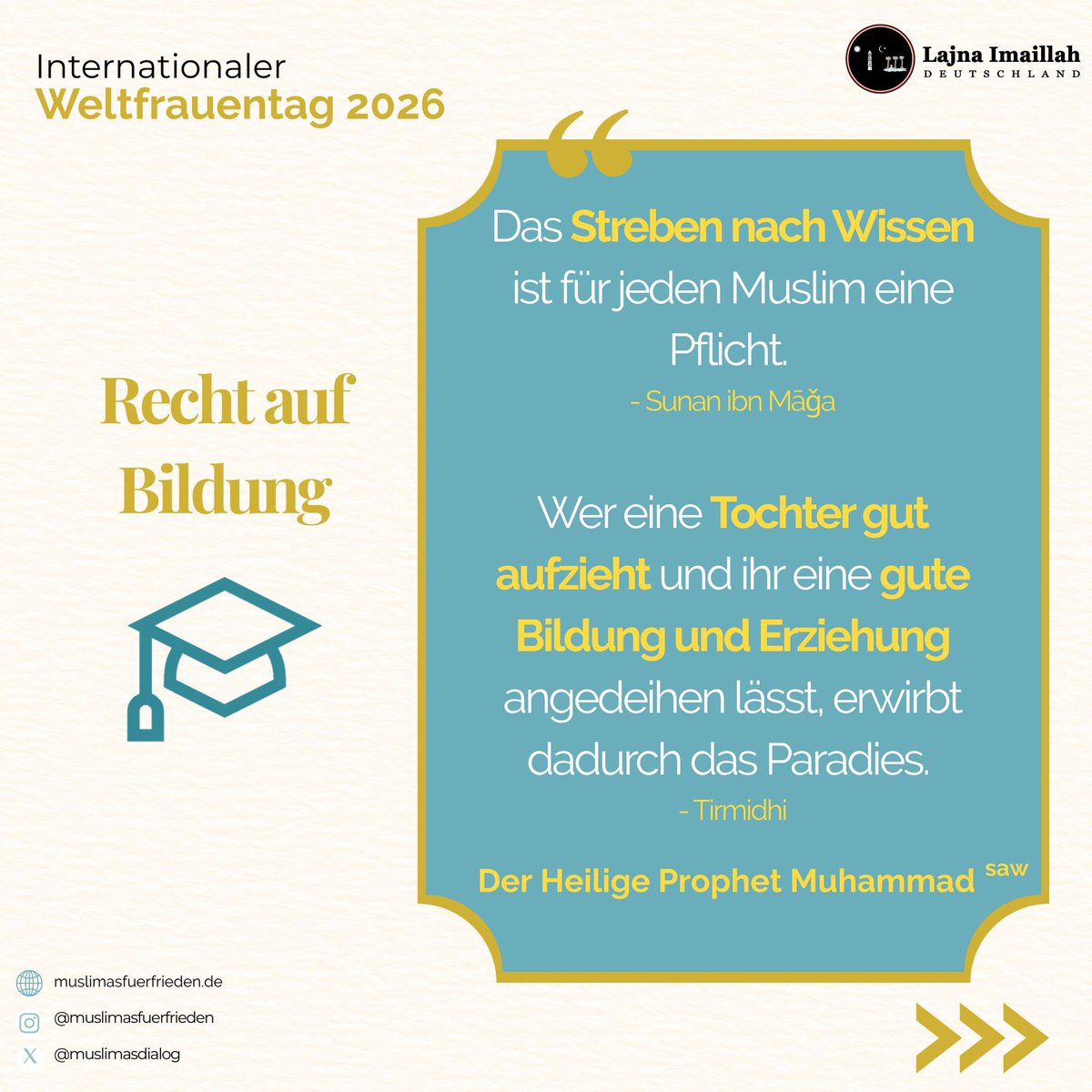AMMVLajna's tweet photo. Der Islam hat Frauen bereits vor über 1400 Jahren grundlegende Rechte gegeben (Bildung, Eigentum und Würde). Muslimische Frauen sind Ärztinnen, Pflegekräfte, Apothekerinnen und Wissenschaftlerinnen und zugleich Mütter, Ehefrauen, Töchter und Schwestern.

#Weltfrauentag https://t.co/FWtJ8S4Iwi