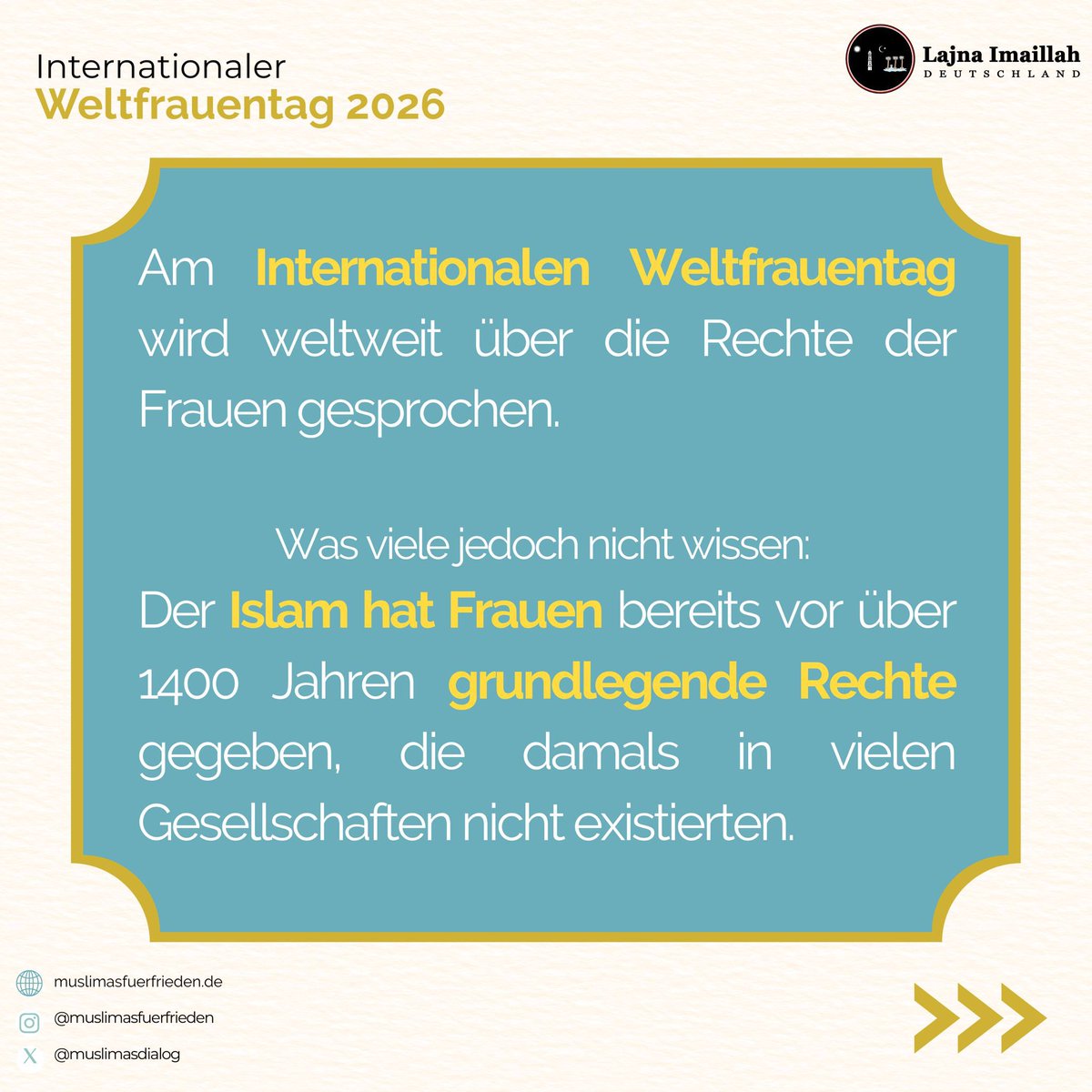 AMMVLajna's tweet photo. Der Islam hat Frauen bereits vor über 1400 Jahren grundlegende Rechte gegeben (Bildung, Eigentum und Würde). Muslimische Frauen sind Ärztinnen, Pflegekräfte, Apothekerinnen und Wissenschaftlerinnen und zugleich Mütter, Ehefrauen, Töchter und Schwestern.

#Weltfrauentag https://t.co/FWtJ8S4Iwi