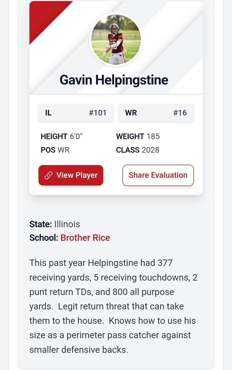 GavHelpingstine's tweet photo. Wait til you see what I do next season! Thank you for the write up @PrepRedzoneIL @BrotherRiceFB @CoachQuedenfeld @CoachEmanOC @CoachCano @HitmanAthletics @A1_coach https://t.co/fkF2V699Ll