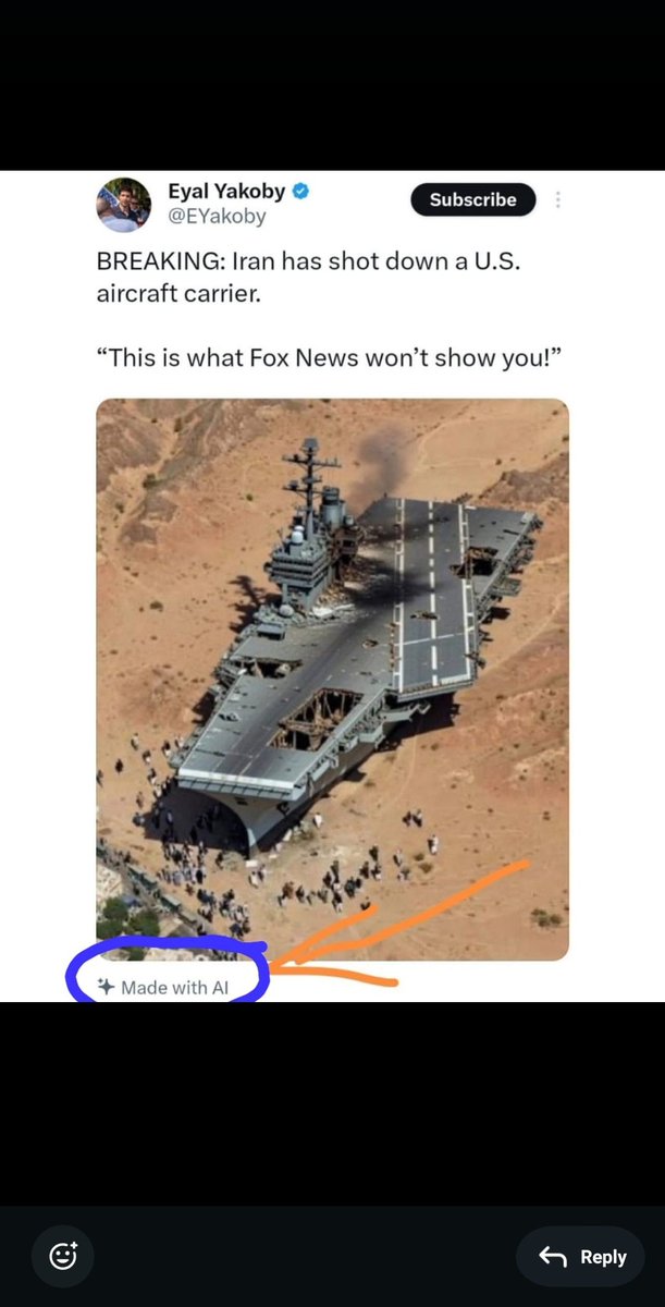 Hadson256's tweet photo. @RussiaSupportt Iran is full of propaganda. This day they posted AI generated photo of Americans ship. https://t.co/EUQWM1QyTT
