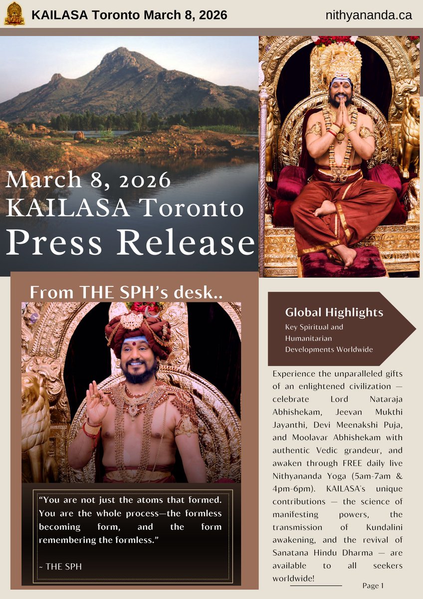 KailasaToronto's tweet photo. PRESS RELEASE: KAILASA Toronto - SPH Reveals the Cosmic Science of Consciousness - Toronto, March 8, 2026 - https://t.co/E3jckjT9AF https://t.co/nuzQu7dq02