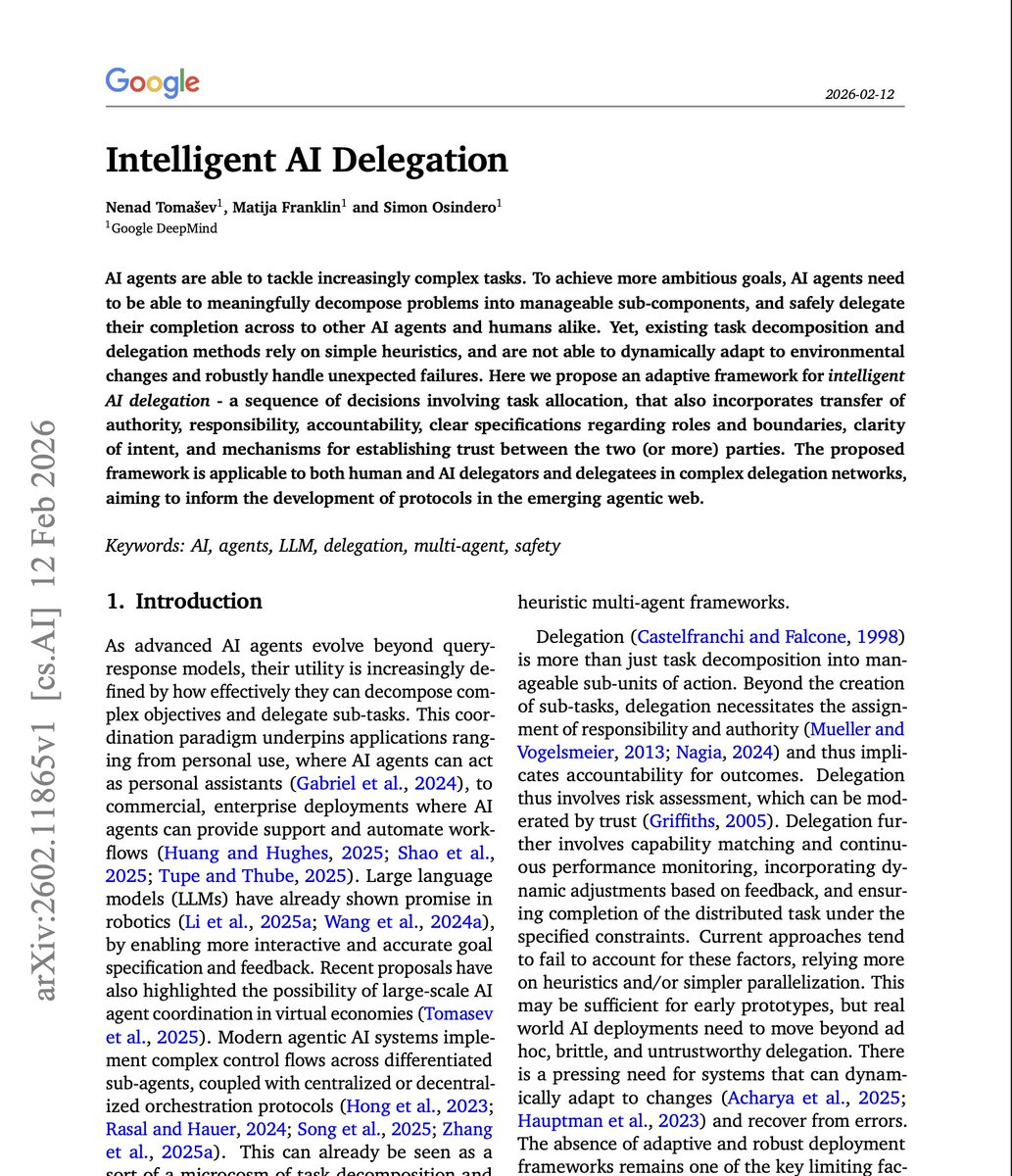 socialwithaayan's tweet photo. 🚨 BREAKING: Google DeepMind just published the rules for using AI as your coworker.

And the uncomfortable takeaway is this:

If you don’t delegate to AI explicitly, you lose accountability and trust fast.

The paper is called Intelligent AI Delegation.

It’s not about making smarter models. It’s about making sure humans don’t quietly surrender responsibility to them.

Here’s the core problem they’re attacking.

Right now in most workplaces:

→ AI drafts the email.
→ AI flags the transaction.
→ AI writes the first version of the diagnosis, the contract clause, the code review.

Then a human clicks accept.

On paper, the human is in charge.
In reality, the human is rubber‑stamping a system they barely understand.

So when something goes wrong, everyone has the same answer:

“It’s not really my fault. The tool suggested it.”

DeepMind’s argument is simple:

AI should be treated like a delegate, not a ghost.

That means three things have to be spelled out before you ever let a model touch a high‑stakes decision:

1) Scope
What exactly is the AI allowed to do here?
Is it brainstorming, recommending, or making the final call?
Where does its authority stop?

2) Role of the human
What is the human still responsible for?
Are they the editor? The supervisor? The one who signs their name to the outcome?

3) Line of accountability
If this goes wrong, whose name is on the decision?
Can you point to a single human and say: this was your call, with AI’s help?

Without that, two failure modes show up fast:

Over‑reliance
People start trusting the system because it’s usually right and stop doing their own thinking. Responsibility drifts from my judgement to whatever the model says.

Blame‑shifting
When harm happens, everyone can plausibly say the AI did it. Designers blame users. Users blame tools. Managers blame the technology. No one actually owns the outcome.

The paper breaks down delegation into modes you can practically design for:

Advisor mode
AI generates options. Human decides and signs. The responsibility line is clear: I decided, with AI input.

Partner mode
AI takes well‑defined subtasks (e.g., drafting, summarizing, ranking). Human handles the final judgement and integration. Each has a visible lane.

Agent mode
AI is allowed to act on its own within strict boundaries (like automating routine support tickets). A specific human signs off on the boundary, not on every single action.

The key idea:

If you can’t describe, in one sentence, what you’ve delegated to AI and who is accountable for it, you’re not doing intelligent delegation.

You’re just letting the system quietly absorb responsibility until something breaks.

And at scale, that creates exactly the kind of world nobody wants to live in:

– Workers who feel like they’re just clicking approve on machine decisions.
– Managers who think the system has it until it doesn’t.
– Users who can’t figure out who to hold accountable when AI makes a catastrophic mistake.

As AI moves into hiring, firing, lending, grading, policing, and medicine, who decided this? stops being a philosophical question.

It becomes the difference between a system people can trust…

And a system everyone hides behind.