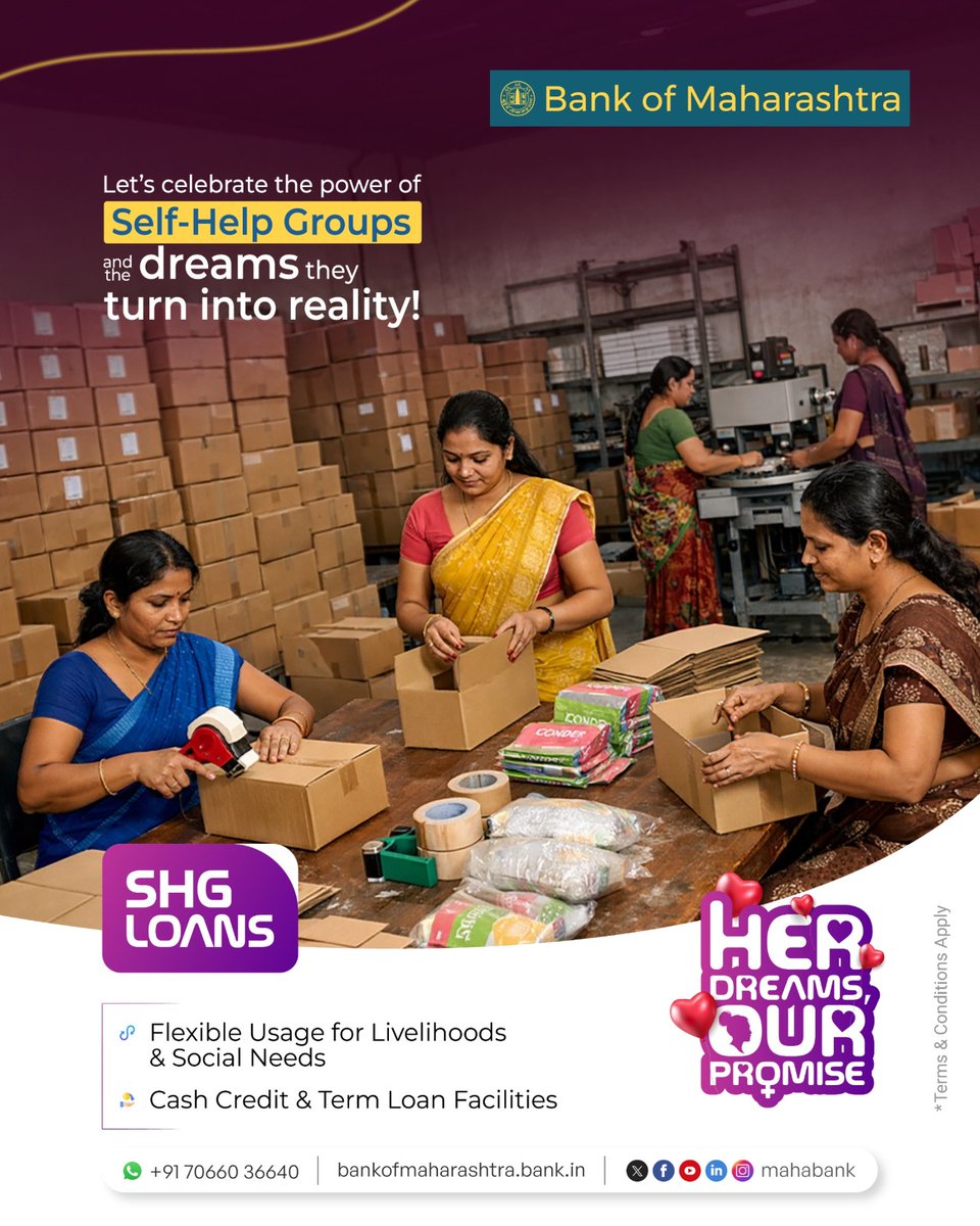 mahabank's tweet image. When women come together, dreams turn into possibilities. Bank of Maharashtra supports the power of Self-Help Groups with SHG Loans to help livelihoods grow and communities prosper.

#SHG #SelfHelpGroups #WomenEmpowerment #FinancialInclusion