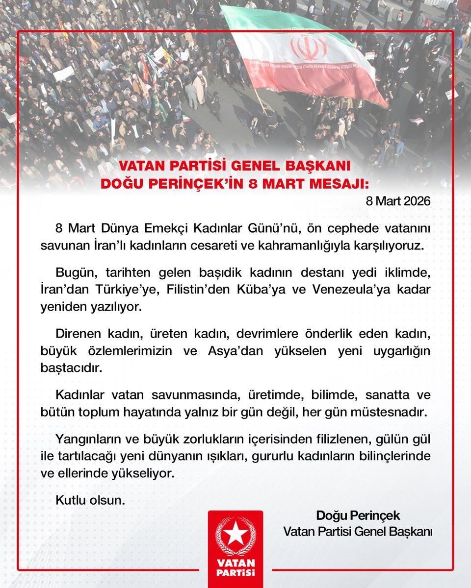 8 Mart Dünya Emekçi Kadınlar Günü’nü, ön cephede vatanını savunan İran’lı kadınların cesareti ve kahramanlığıyla karşılıyoruz.

Bugün, tarihten gelen başıdik kadının destanı yedi iklimde, İran’dan Türkiye’ye, Filistin’den Küba’ya ve Venezeula’ya kadar yeniden yazılıyor.

Direnen