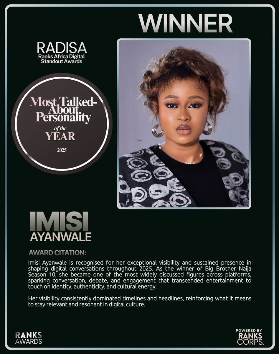 RanksAfrica's tweet photo. Today we celebrate women whose voices, creativity, and influence continue to shape Africa’s digital culture.

@imisiofficial
In honour of International Women’s Day, we spotlight some of the incredible female winners of the Ranks Africa Digital Standout Awards (RADISA 2026) whose work and impact defined the digital space in 2025.

Your leadership, creativity, and influence continue to inspire the next generation of creators and innovators across the continent.
Congratulations once again on this well-deserved recognition.

#IWD2026 #RADISA2026 #RanksAfrica #WomenInDigital #InternationalWomensDay