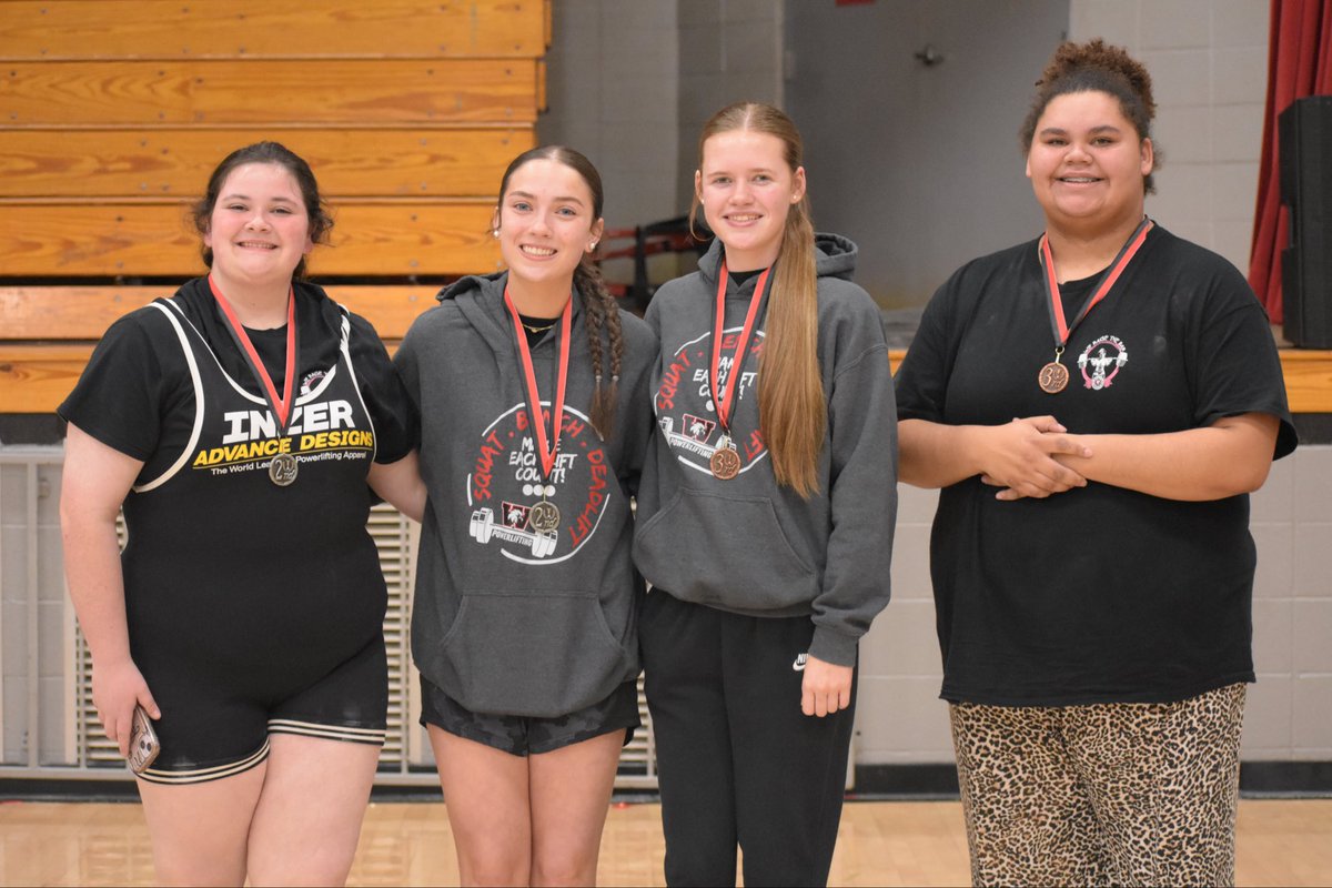 WHSPowerlifting's tweet photo. Proud of our girls at the North Half meet we hosted at Wheeler yesterday! As a team, they finished 3rd out of 11 schools. 4 out of 8 girls placed in the top 3 in their weight classes to qualify for state! Congratulations to Addison, Morgan, Ariel, and Miley! https://t.co/fsCFwtHiYx