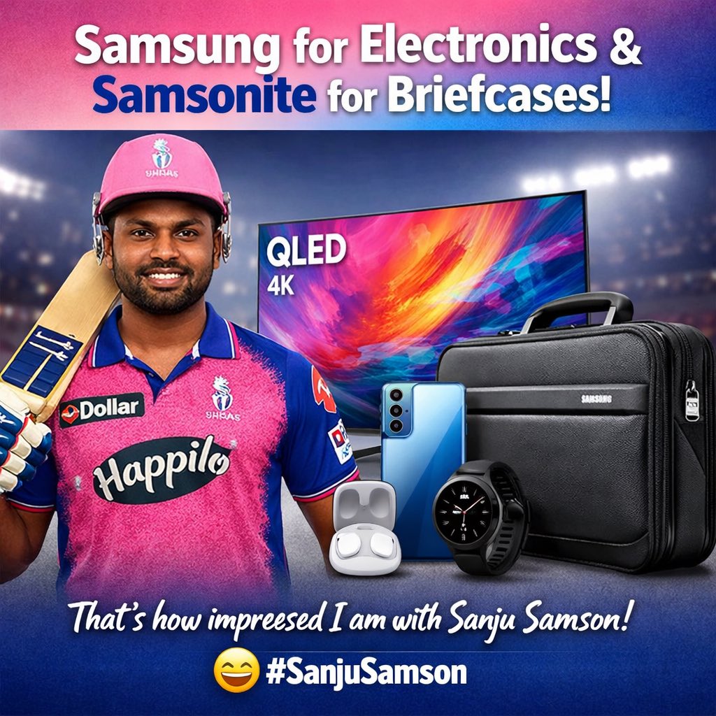 kashyapraman's tweet photo. That’s the impact of Sanju Samson! 👏
Samsung for gadgets, Samsonite for briefcases. https://t.co/wktVIXXSvc