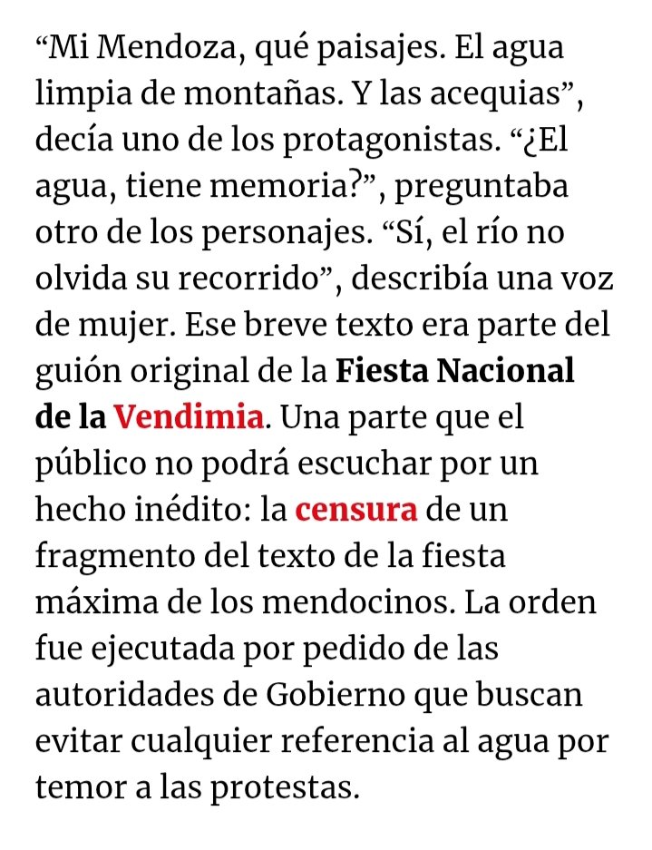 👁️#Urgente La dictadura del psicópata Cornejo ordenó #censurar el guión de la #FiestaNacionalDeLaVendimia por incluir las palabras "agua" y "río", (dos palabras que considera terroristas) y ordenó reemplazarlas por "tierra" y "surco" permitidas por el régimen de las mineras.