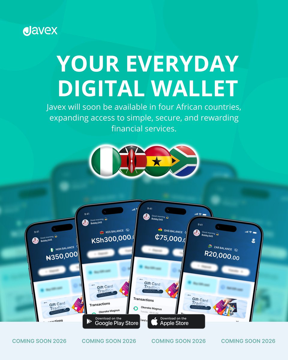Javexapp's tweet photo. Your everyday digital wallet is coming soon! Javex is expanding to four African countries in 2026. Get ready for simple, secure, and rewarding financial services! https://t.co/3gwQnc6PlF