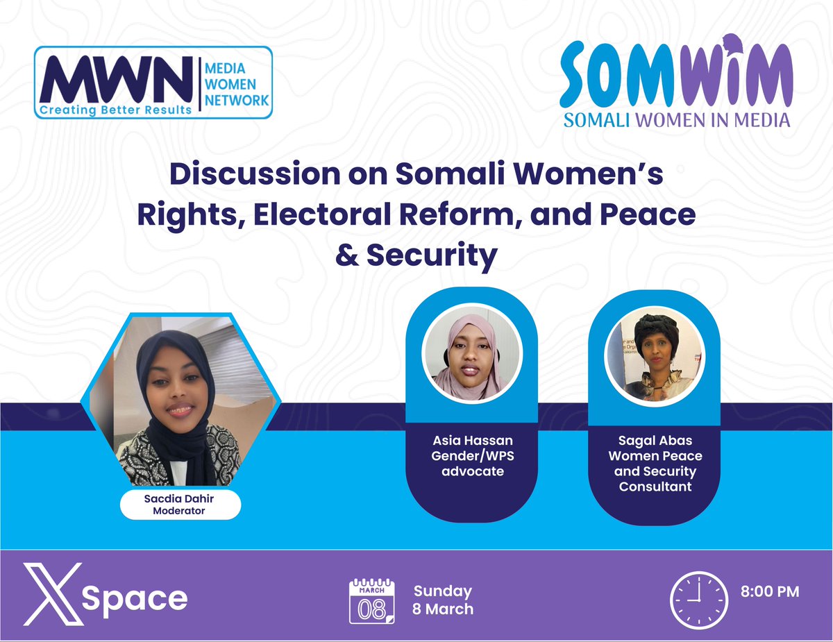 SOMWIM1's tweet photo. Let’s discuss on women’s rights, policy &amp; electoral reforms as well as women, peace and security.

Somali women continue to contribute a lot to the country and #Somalia’s development, but are less privileged than their male counterparts.
#WomensDay2026
#InternationalWomensDay2026 https://t.co/VlQRQh0l12