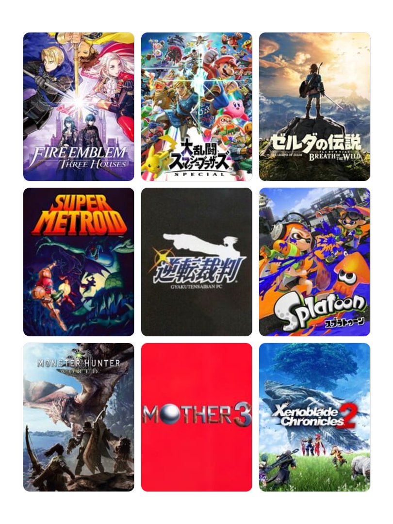 素手ユージーを構成する9つのゲーム

1. ファイアーエムブレム 風花雪月
2. スマブラ
3. ゼルダの伝説 ブレワイ
4. スーパーメトロイド
5. 逆転裁判
6. スプラトゥーン
7. モンスターハンター：ワールド
8. MOTHER3
9. ゼノブレイド 2

素手トーク内にて選定！
#My9Games #私を構成する9つのゲーム