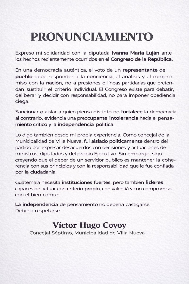 vicogt's tweet photo. La democracia no se fortalece castigando el pensamiento independiente. Cuando ejercer el voto con conciencia se convierte en motivo de sanción o aislamiento, es válido preguntarse si realmente se respeta la libertad de criterio que exige una verdadera democracia. https://t.co/fbJoYMF0aB
