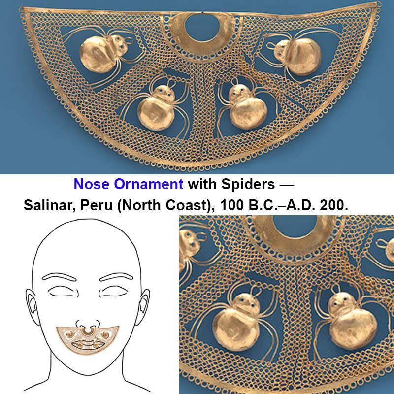 This elaborate gold piece is a Nose Ornament with Spiders from the Salinar culture of ancient northern Peru, dating approximately from 100 B.C. to A.D. 200.