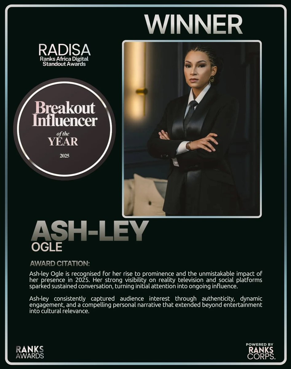RanksAfrica's tweet photo. Today we celebrate women whose voices, creativity, and influence continue to shape Africa’s digital culture.

@ashleythebrand
In honour of International Women’s Day, we spotlight some of the incredible female winners of the Ranks Africa Digital Standout Awards (RADISA 2026) whose work and impact defined the digital space in 2025.

Your leadership, creativity, and influence continue to inspire the next generation of creators and innovators across the continent.
Congratulations once again on this well-deserved recognition.

#IWD2026 #RADISA2026 #RanksAfrica #WomenInDigital #InternationalWomensDay