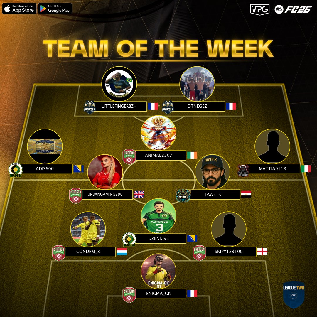 ⭐ Team of the week
📊 League Standings
⚽️ @easportsfc Competitive 11v11 
🗓️ Week 6
🏆 <a href="/VPGEurope/">Virtual Pro Gaming | Europe</a> - League 2

1: <a href="/DromelFamily/">Dromel Tactics</a> 🇫🇷
2: <a href="/Pandore_eFoot/">Pandore eFoot</a> 🇫🇷
3: @thegladiatorss 🇮🇹
4: <a href="/BellatoresEfc/">Bellatores eFC</a> 🇨🇿
5: <a href="/StrenuaSWE/">Strenua SWE</a> 🇸🇪
6: <a href="/Sarajevo_eSport/">Sarajevo eSport</a> 🇧🇦
7: <a href="/R4P11s/">R4P</a> 🏴󠁧󠁢󠁥󠁮󠁧󠁿
8: @LDZCITYBOYS 🇵🇱
9: