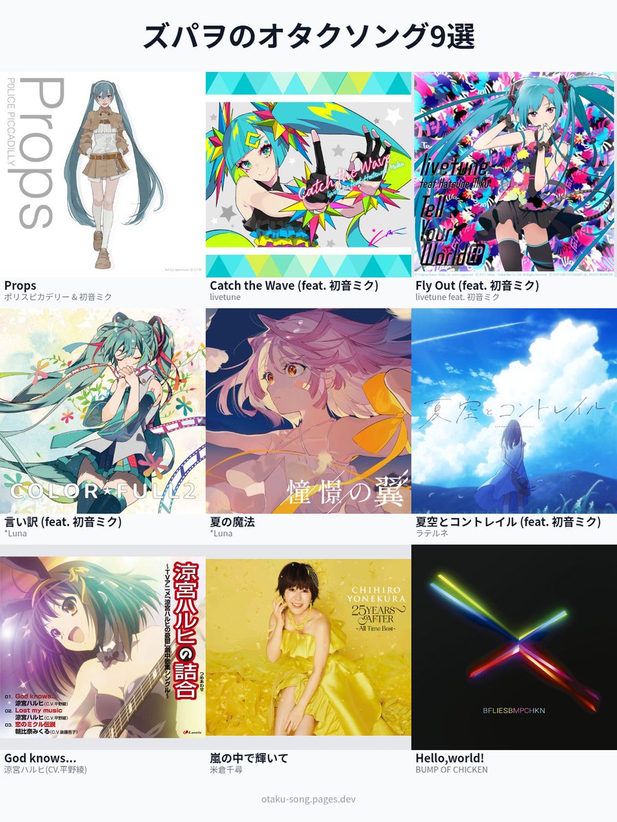 ズパヲのオタクソング9選 #俺のオタクソング9選

夏曲大好き
otaku-song.pages.dev/share/qd4vmxow