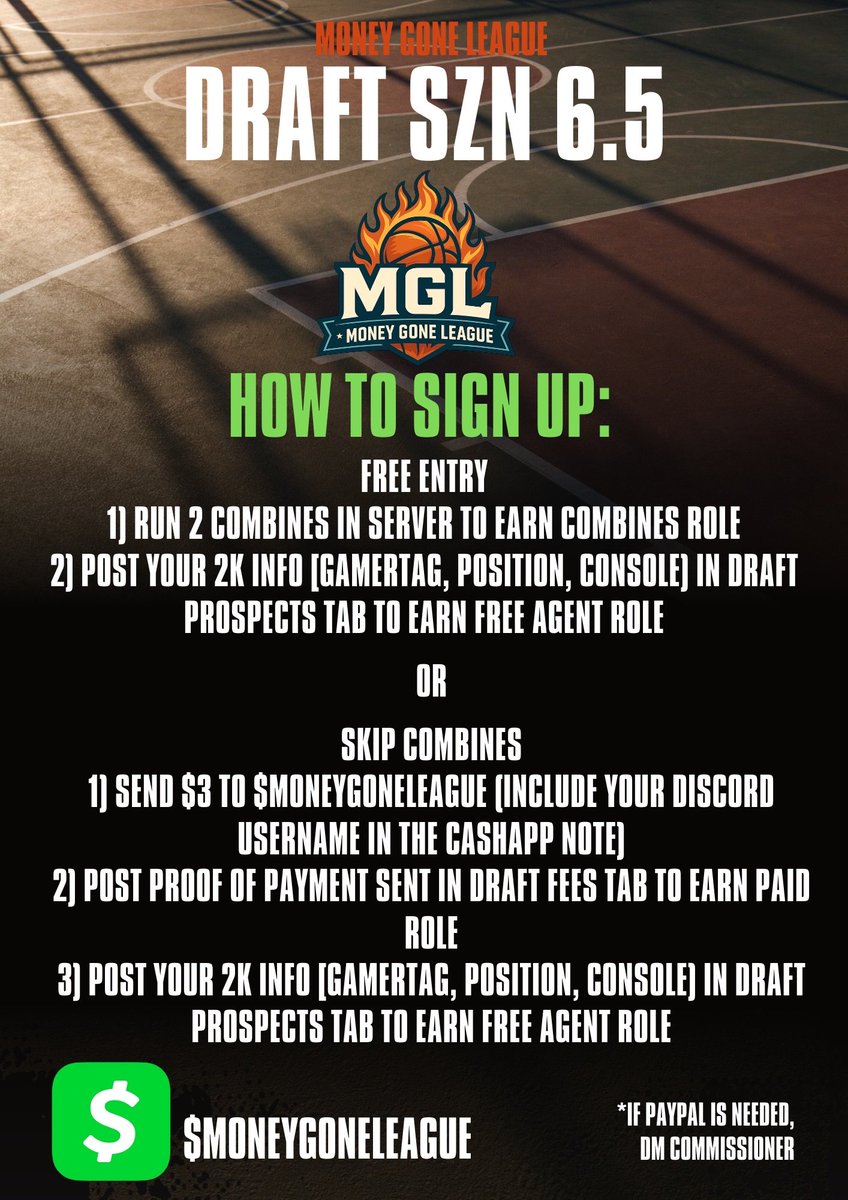 MoneyGoneLeague's tweet photo. Draft League is back, draft day: Friday, March 20th @8pm est 🚨

POT: $300 (may increase due to volume of players) 💰

How to enter as a player is shown below, if you would like to own a team please contact our draft admin. More detailed info is in our discord server 🔥 https://t.co/LS25JSFQQr