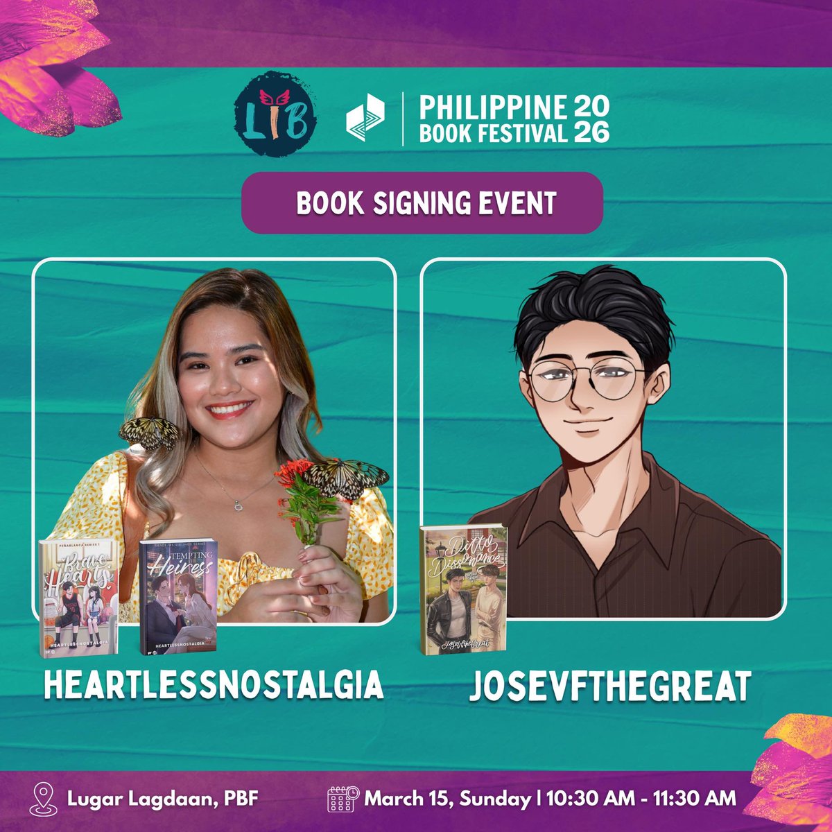 hnstories_'s tweet photo. Meet Heartlessnostalgia at the Philippine Book Festival and have your Brave Hearts and Tempting the Heiress books signed! ✨

📅 March 15, 2026
🕰️ 10:30 AM - 11:30 AM
📍Lugar Lagdaan, Megatrade Hall, SM Megamall

[Photo credits to @LIBOfficialPage] https://t.co/cSKzIybkHT