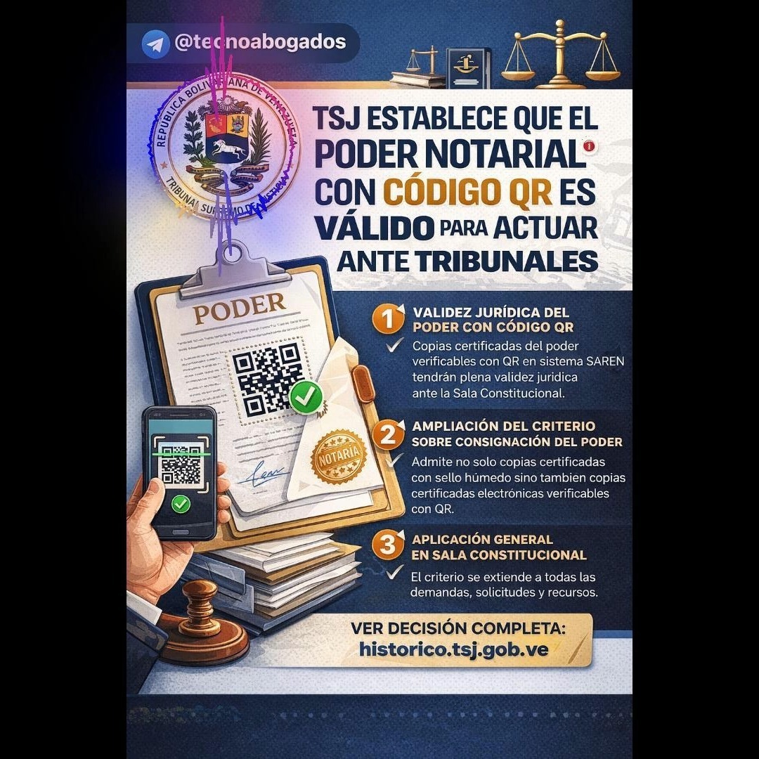 GrafoTecnica's tweet photo. ⚖️ TSJ valida el poder notarial con código QR para actuar ante tribunales

Sentencia N° 353101-0111-2326-2026-25-1156
Sala Constitucional del Tribunal Supremo de Justicia
2 de marzo de 2026

La Sala Constitucional del TSJ fijó un criterio relevante sobre… https://t.co/zzEu8W88Oo https://t.co/tnsAYVMEC2