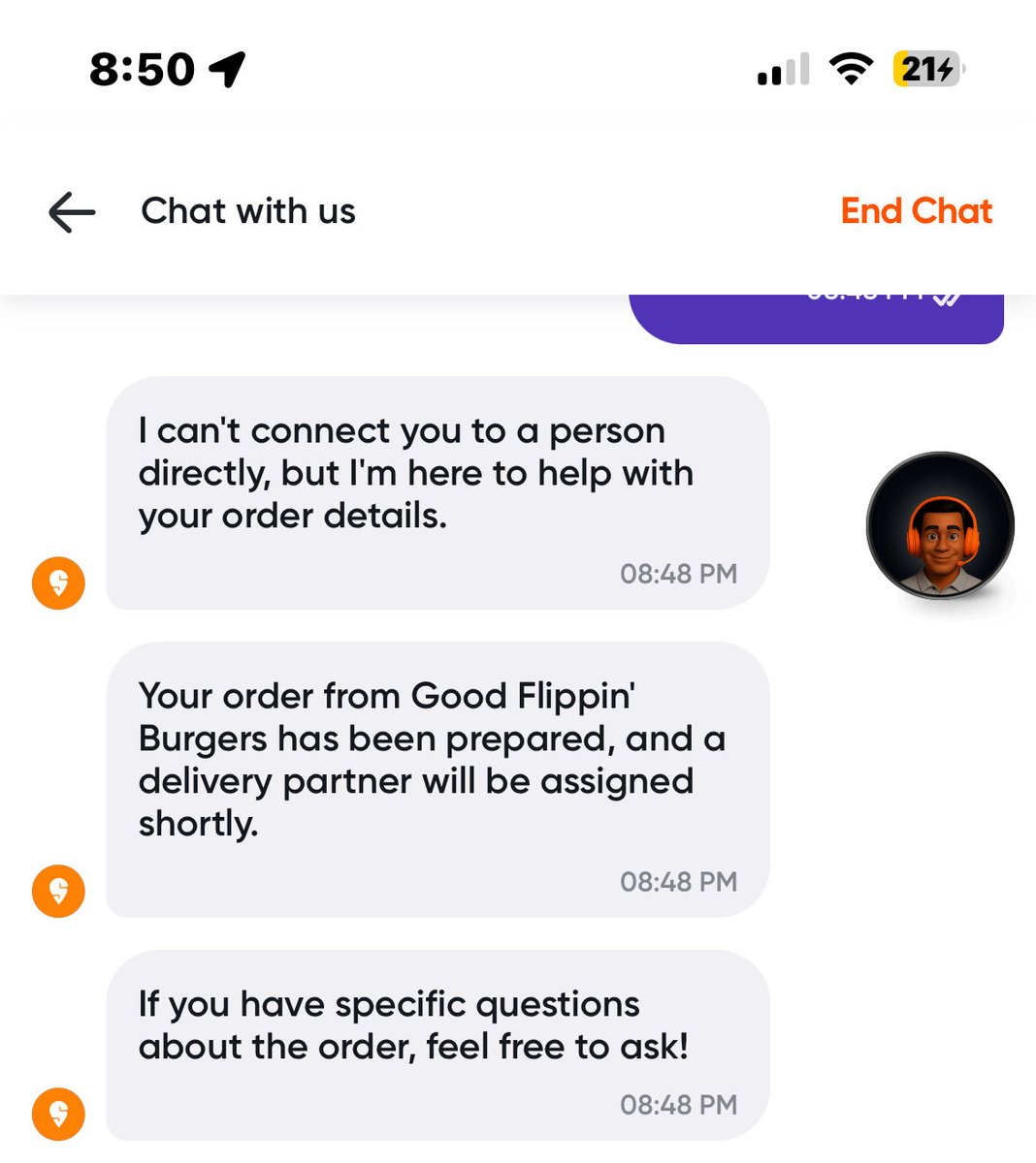 JessRumao's tweet photo. @Swiggy @instamart_it 
Delivery partner hasn’t been assigned since 1 hour and AI bot won’t let me talk to a customer support. Fix it https://t.co/5R0fbutFcd