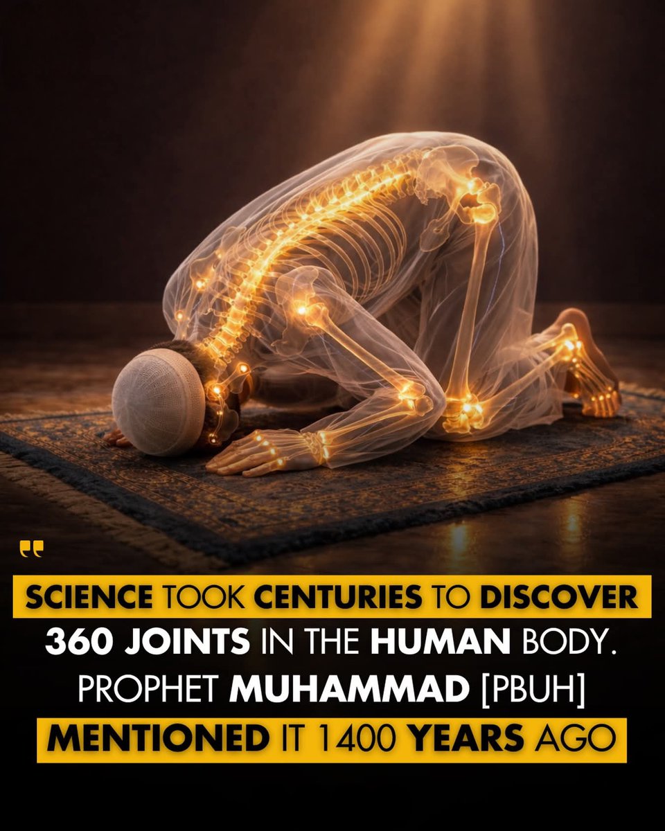 Cool_Ustaz's tweet photo. Science continues to explore the complexity of the human body. Modern anatomy confirms that the human body contains 360 joints that allow movement and flexibility.

But more than 1400 years ago, this precise number was already mentioned by the Prophet Muhammad ﷺ.

The Messenger of Allah, Prophet Muhammad ﷺ said:

“Every one of the children of Adam has been created with 360 joints, so whoever declares the greatness of Allah, praises Allah, proclaims the oneness of Allah… and removes something harmful from the path of people, it will count as charity for each of those 360 joints.”
[Sahih Muslim 1007]

This hadith reminds us that every joint in our body is a blessing from Allah, and we should show gratitude through good deeds.

The Qur’an also reminds us about the precision of human creation:

“Does man think that We will not assemble his bones? Yes, We are able even to proportion his fingertips.”
Qur’an 75:3-4

From bones to joints to the smallest details of our fingertips, the human body is a powerful sign of the wisdom and perfection of Allah’s creation.

Every movement of our body is a reminder to live with gratitude, humility, and obedience to Allah.