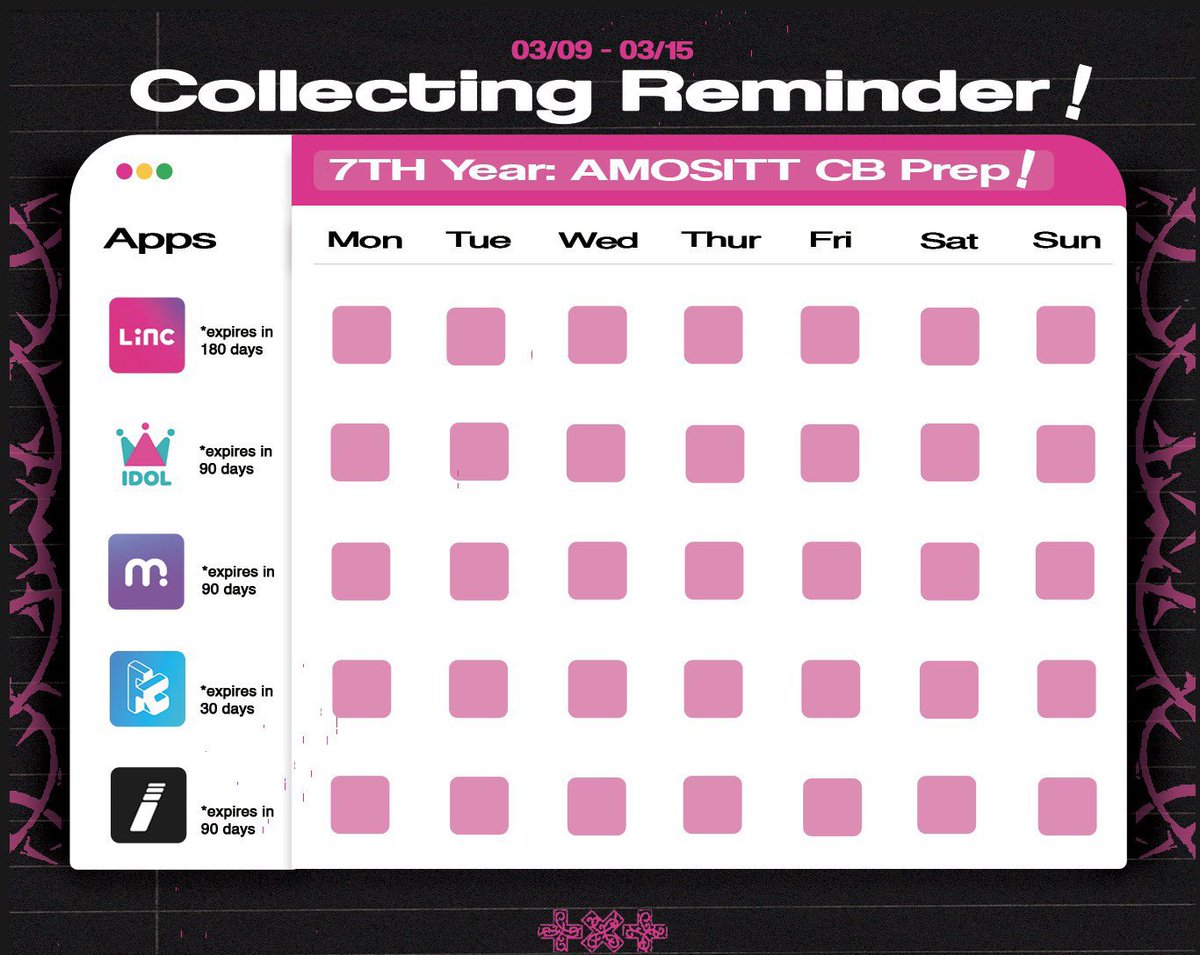 Hello MOAs! ⭐️

To help prepare for the comeback, our friend made a calendar to keep track of the votes you’ve collected. We will be posting this calendar every day in order to help MOAs remember to collect votes!

After collecting on the apps, place a check on the checkbox!