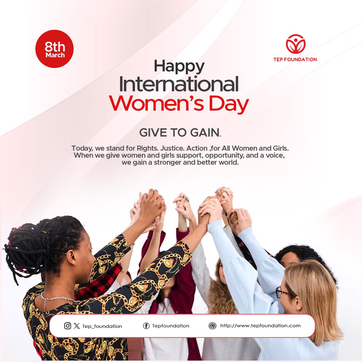 Tep_foundation's tweet photo. Investing in women is the single most effective way to build a sustainable and peaceful world.

When we "Give to Gain," we are not just supporting women, we are securing our collective future.

Happy International Women's Day. #Action #Rights #Justice #IWD2026 #TEPFoundation https://t.co/4oX5HNXRMn