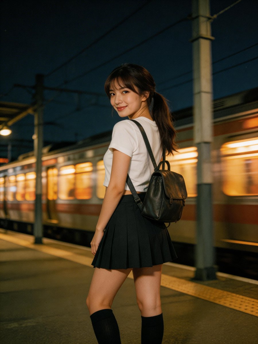 Cinematic Vintage Photograph of Woman by Moving Train (Image-to-Image) example 2