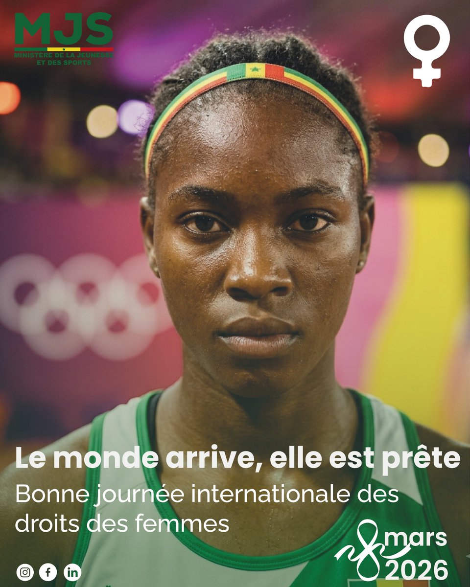 mjs_sn's tweet photo. En cette Journée internationale des droits des femmes, le Ministère de la Jeunesse et des Sports célèbre toutes celles qui relèvent des défis, brisent les barrières et préparent, jour après jour, le monde de demain. Le monde arrive, et elles sont prêtes.

#08mars
#Égalité https://t.co/ZbRZyxyhhy