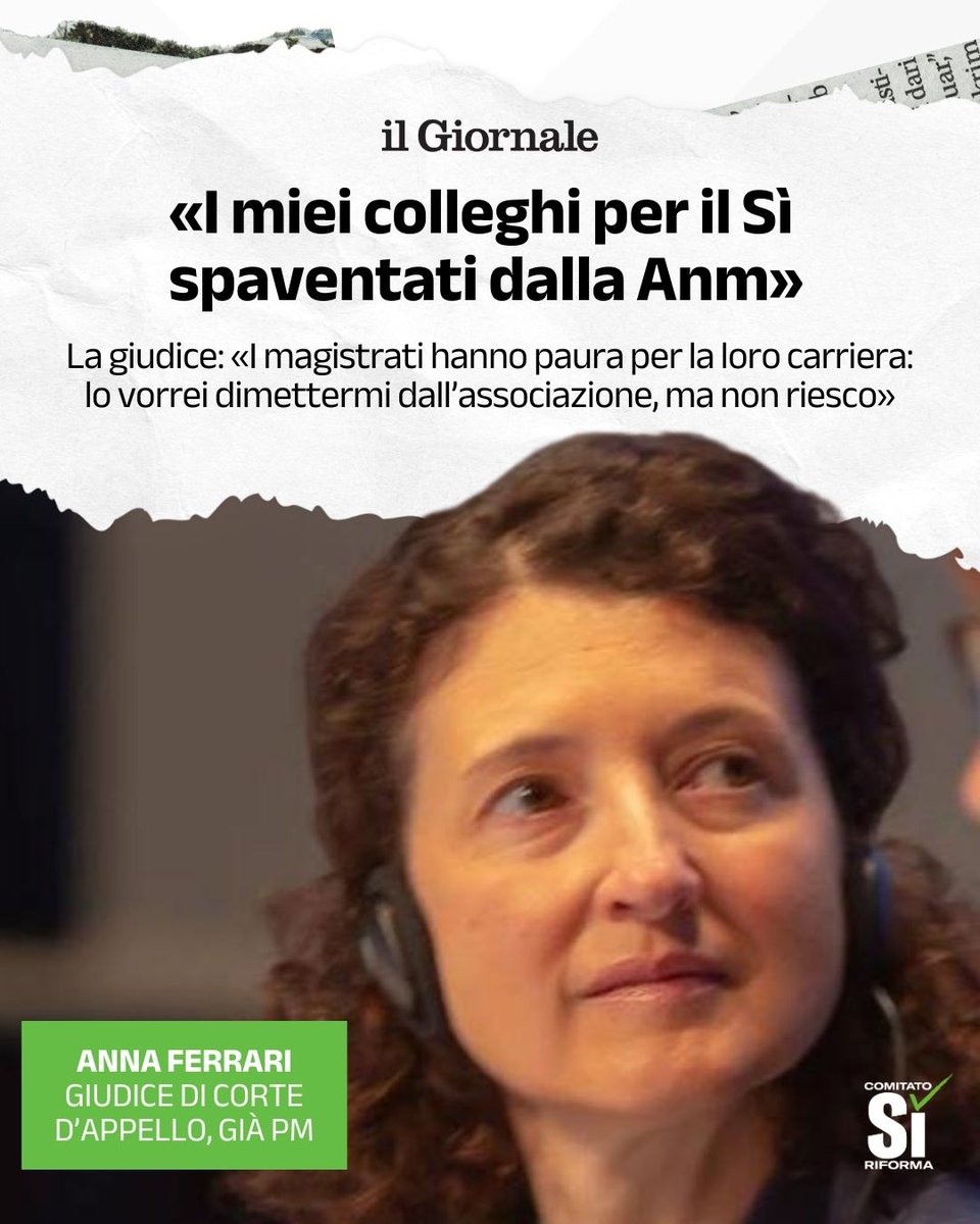 Si_Riforma's tweet photo. #AnnaFerrari su @ilgiornale: tra i magistrati esistono anche posizioni favorevoli al Sì, ma molti preferiscono non esporsi perché l’Anm si è schierata compatta per il No e questo può pesare sulle valutazioni di carriera.
#SìRiforma #referendum #giustizia #ilgiudiceseitu https://t.co/KnE84giOyU