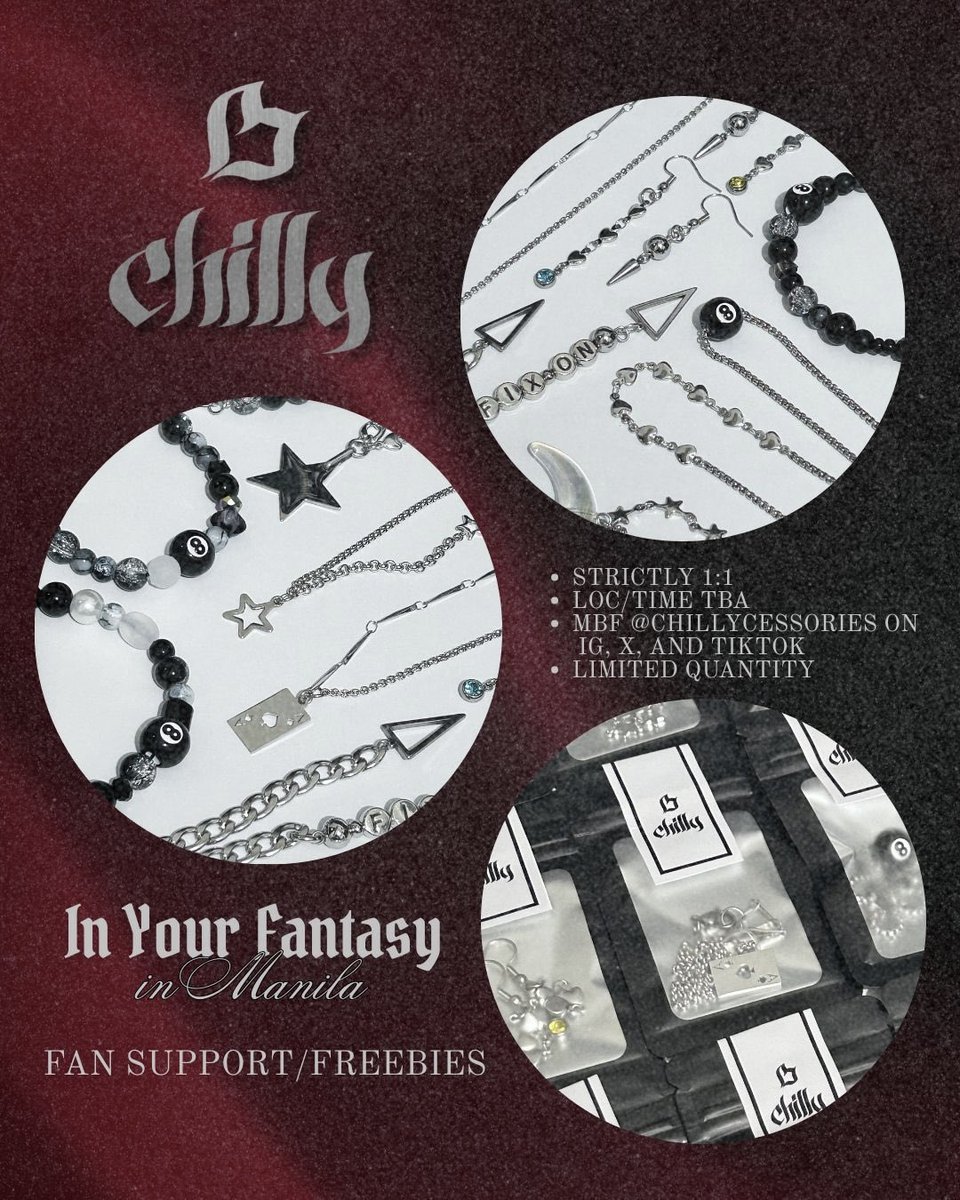 #InYourFantasy_Manila 

🩶CHILLY FAN SUPPORT/FREEBIES🩶

- necklaces, bracelets, earrings (non-tarnish/stainless steel)
- phone/bag charms
- official ATEEZ photocards and stickers

REPOST &amp; FOLLOW 🩶
*see pic for more details

#InYourFantasy_MNL #FilotinyFreebies #Atiny