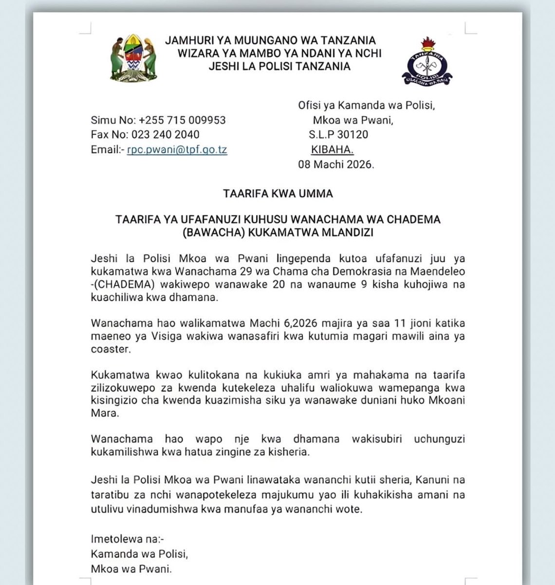 Baada ya kusoma taarifa hii ya Polisi Mkoa wa Pwani aibu naona mimi. Walikamatwa eti kwa kukiuka amri ya Mahakama na kwa taarifa kuwa wanakwenda kufanya uhalifu Musoma. Unapokuwa na watekelezaji wa sheria waongo HAKI haiwezi kutendeka ktk jamii kinyume chake ni uonevu na dhulma.