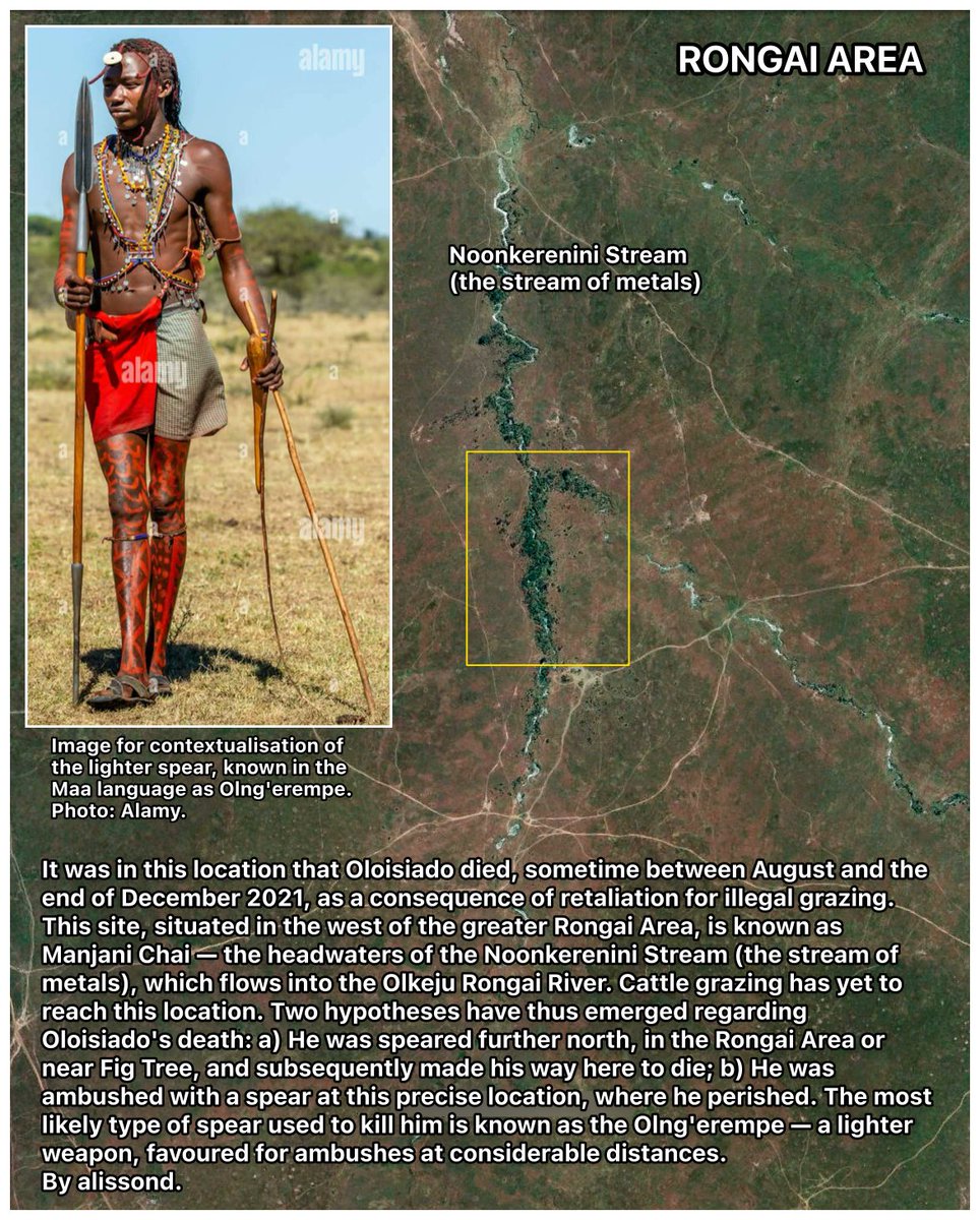 Oloisiado met his death here — between August and December 2021, in retaliation for illegal grazing. The site, west of the Rongai Area, is known as Manjani Chai: headwaters of the Noonkerenini (stream of metals), flowing into the Olkeju Rongai River. Months of research led here.