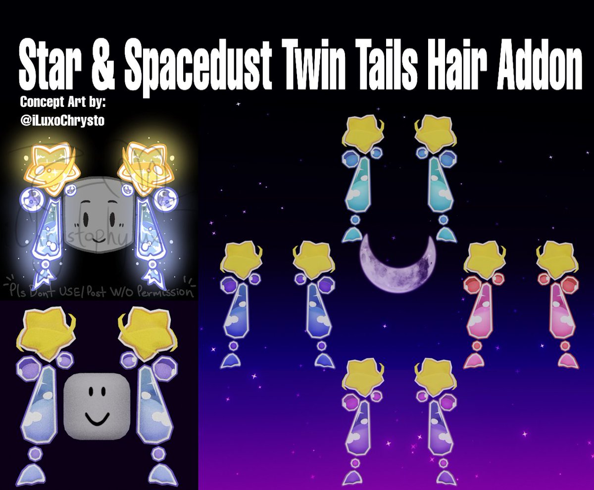 ShyrouSazuki's tweet photo. New UGC Uploaded:
Star &amp; Spacedust Twin Tails Addon

Concept Art by: @iLuxoChrysto
Model by: @ShyrouSazuki

Items Link:
https://t.co/T7mppnkDTO

#ROBLOX #RobloxUGC #RobloxArt #RobloxDEV https://t.co/PEy8odpN0u