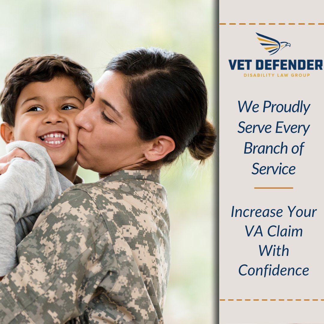 Vet_Defender's tweet photo. Vet Defender proudly serves veterans from every military branch. If you are looking to increase your VA disability claim or appeal a rating decision, our experienced legal team is ready to advocate on your behalf and pursue the benefits you earned. https://t.co/TtB56Eyktv https://t.co/lzkCp4WNvc