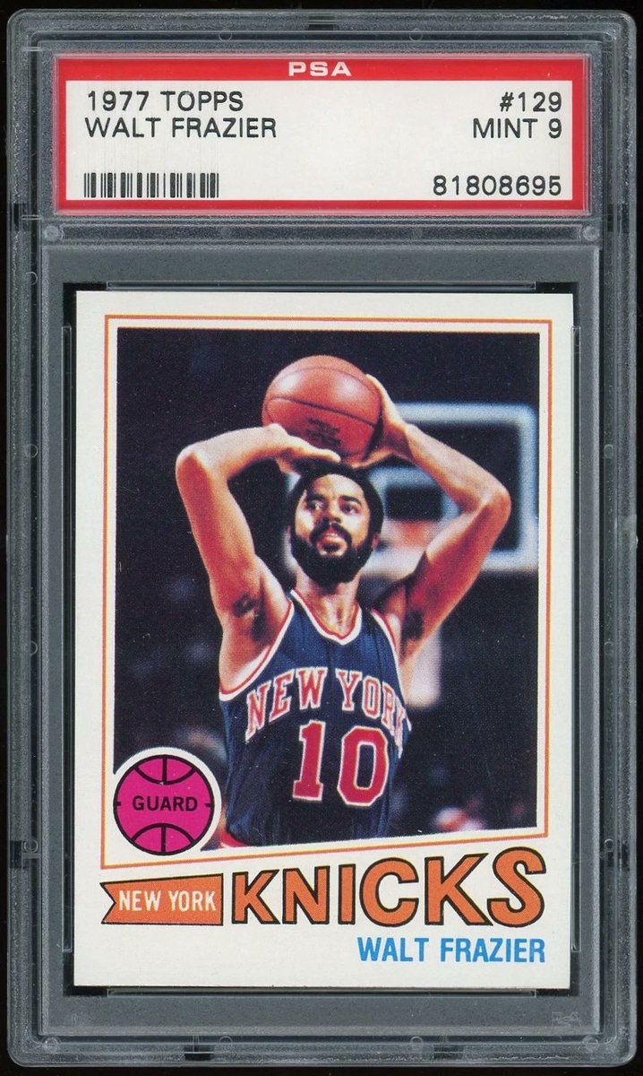 alanbarcoff's tweet photo. Finding PSA 9 mint cards of 1977 Topps Basketball is super tough, so had to pick up this Walt Frazier 1977 Topps PSA 9 today for my collection. @CardPurchaser @Topps @KnicksNation @GDMLosB #WaltFrazier https://t.co/nZIqj69moi