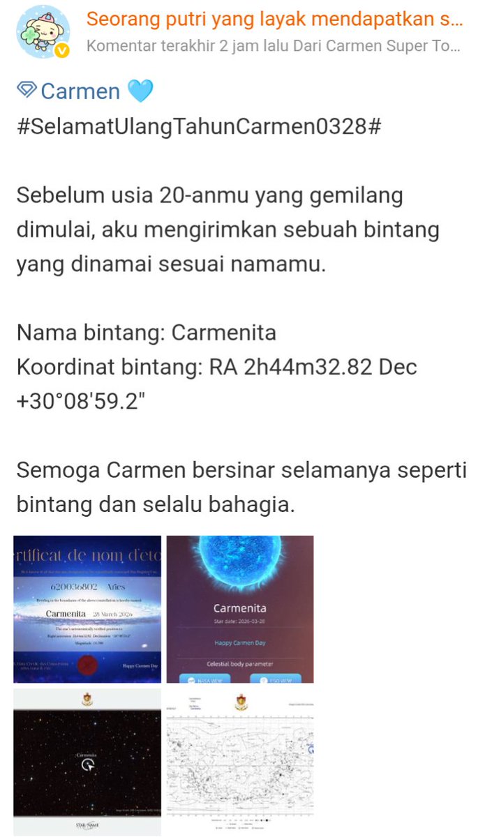 Osw_H2H's tweet photo. Bintang untuk Carmen di namain "Carmenita" dari fans China Carmen😲💗💗💗

#CARMEN #카르멘 https://t.co/OvfZuS3I9O