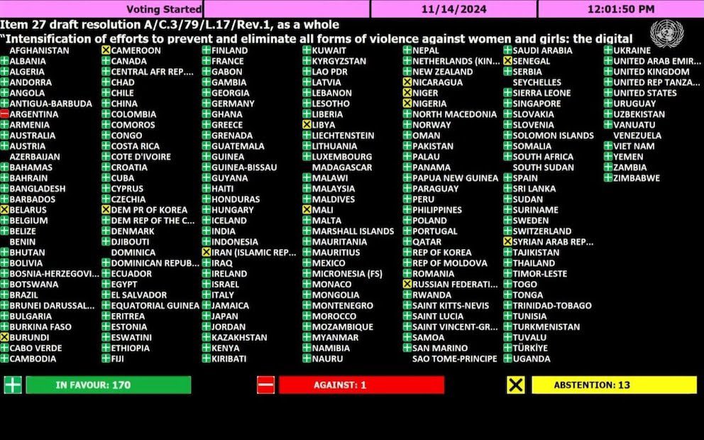 Hoy es un buen día para recordar que Argentina (con Milei siendo Presidente) fue el único país de la ONU que votó en contra de una resolución para eliminar y prevenir la violencia contra mujeres.