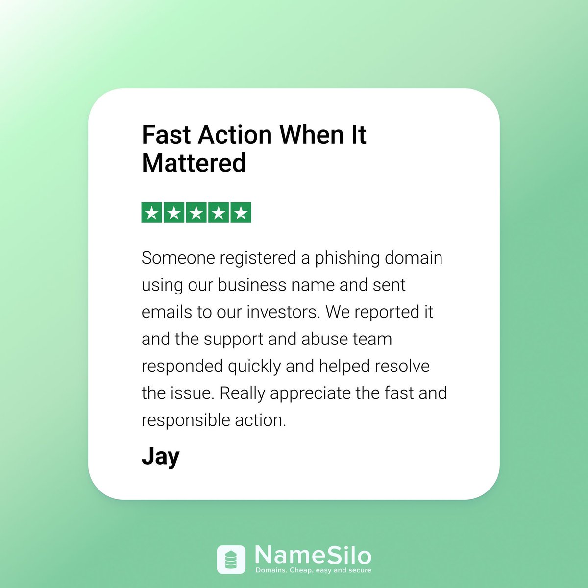 namesilo's tweet image. Phishing can escalate quickly, especially when someone tries to impersonate a real business. That’s why acting fast when reports come in matters. 

We appreciate feedback like this and the chance to step in when it counts ⚠️ 

#OnlineSecurity #CustomerSupport #DomainNames
