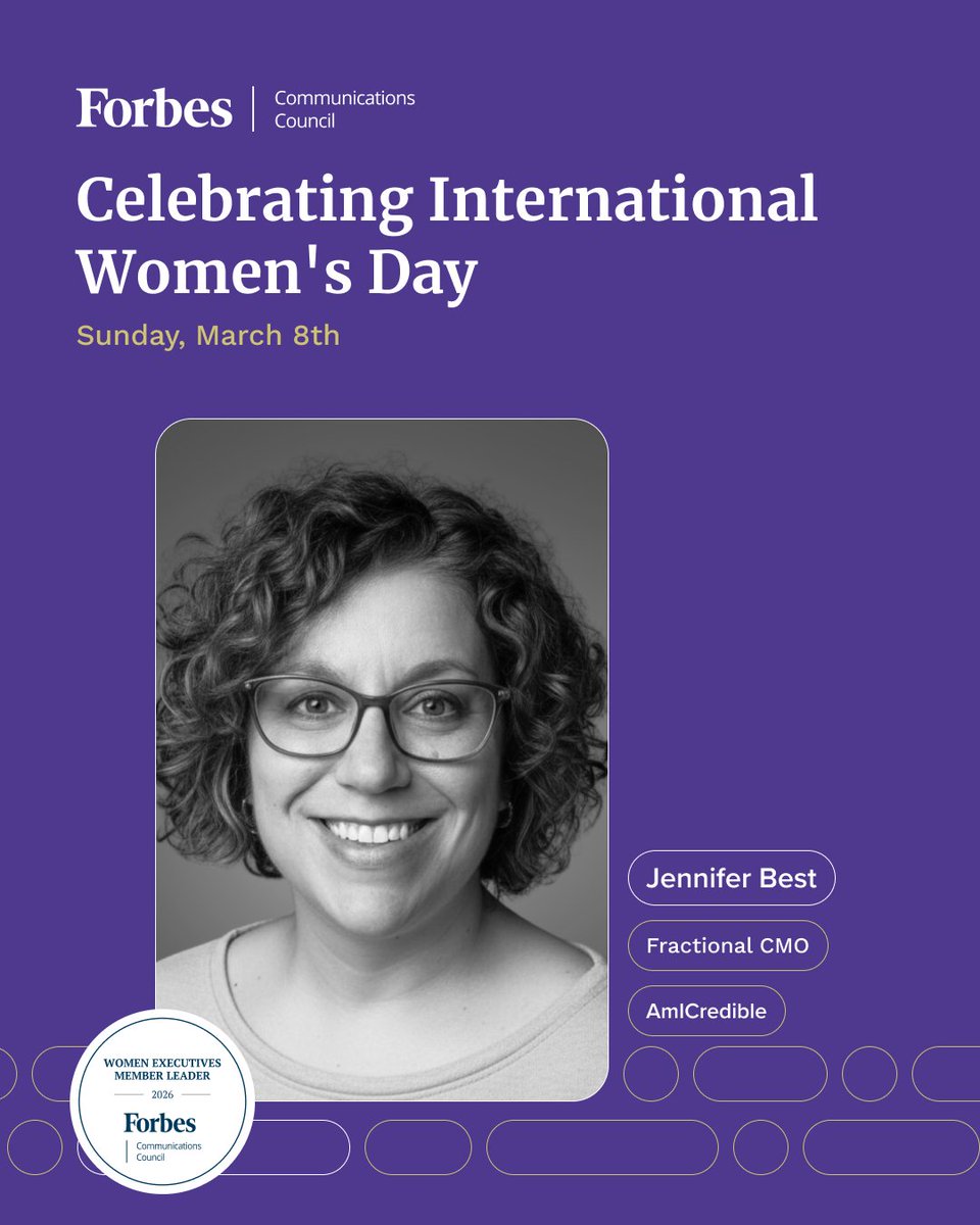 ForbesCommCncl's tweet photo. This #InternationalWomensDay we recognize @JB27596, Fractional CMO at @amicredible and Member Leader of the Women Executives group within Forbes Communications Council.

We’re proud to have Jennifer and so many talented women shaping conversations within this community. https://t.co/07MNz9GY4f