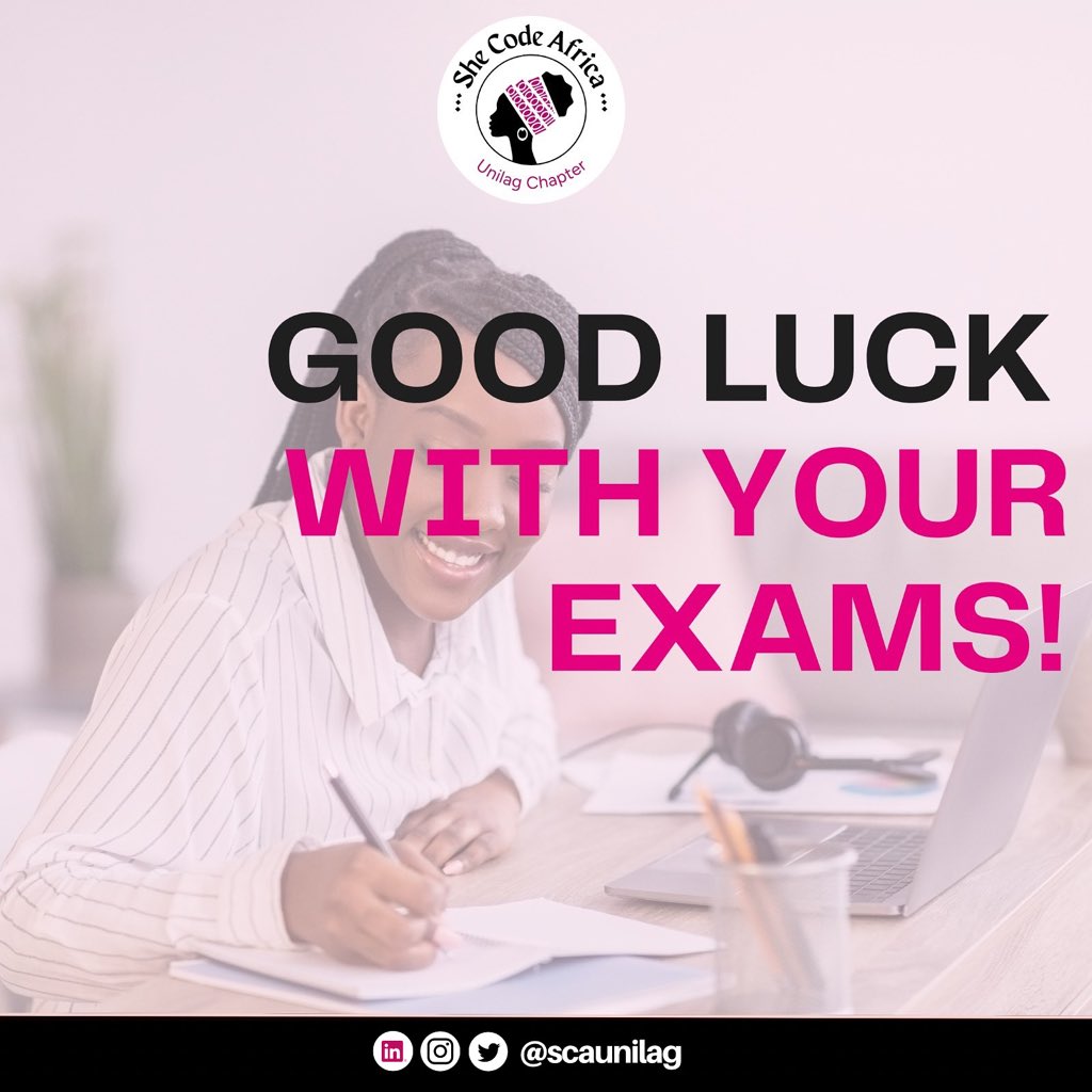 ScaUnilag's tweet photo. Dear Students,
Itโs exam season, and we wish you success in your exams. Go forth and succeed. ๐๐โจ
#ExamSeason #ExamSuccess #Unilag #UnilagStudents #SheCodeUnilag https://t.co/L4l1PD1O8V