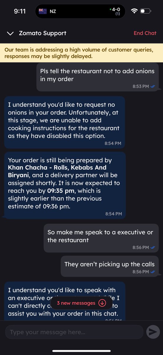 ArjunPershad's tweet photo. @zomatocare restaurant won’t pick up the call, disabled the feature or cooking instructions and your stupid BOT won’t let me speak to a human. I’m allergic to things and can’t even inform anyone. If my food comes with things I’m deathly allergic to, then what? https://t.co/CI6GaiM8FT