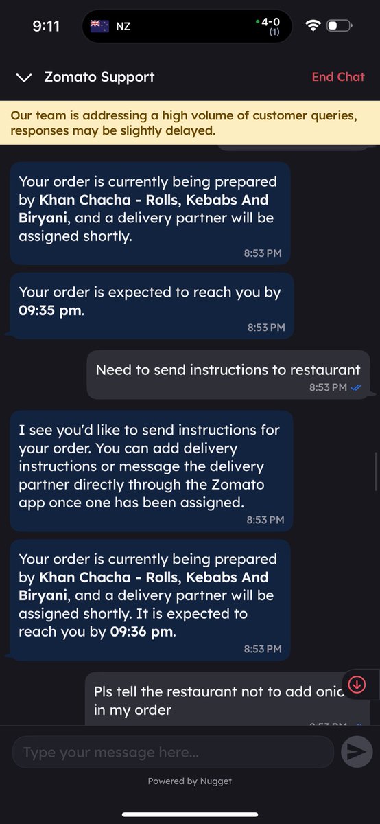 ArjunPershad's tweet photo. @zomatocare restaurant won’t pick up the call, disabled the feature or cooking instructions and your stupid BOT won’t let me speak to a human. I’m allergic to things and can’t even inform anyone. If my food comes with things I’m deathly allergic to, then what? https://t.co/CI6GaiM8FT