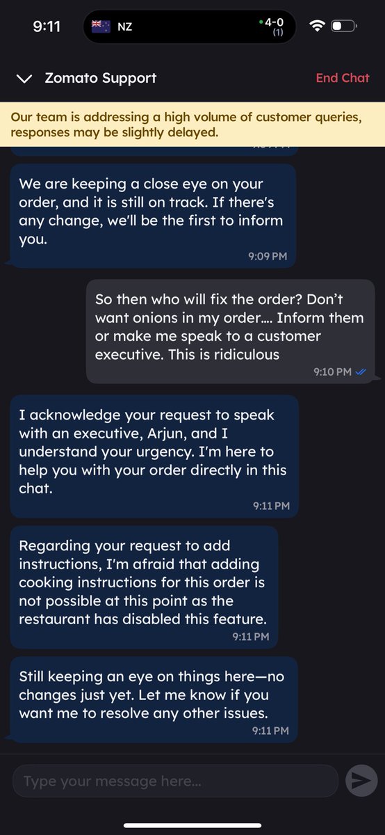 ArjunPershad's tweet photo. @zomatocare restaurant won’t pick up the call, disabled the feature or cooking instructions and your stupid BOT won’t let me speak to a human. I’m allergic to things and can’t even inform anyone. If my food comes with things I’m deathly allergic to, then what? https://t.co/CI6GaiM8FT