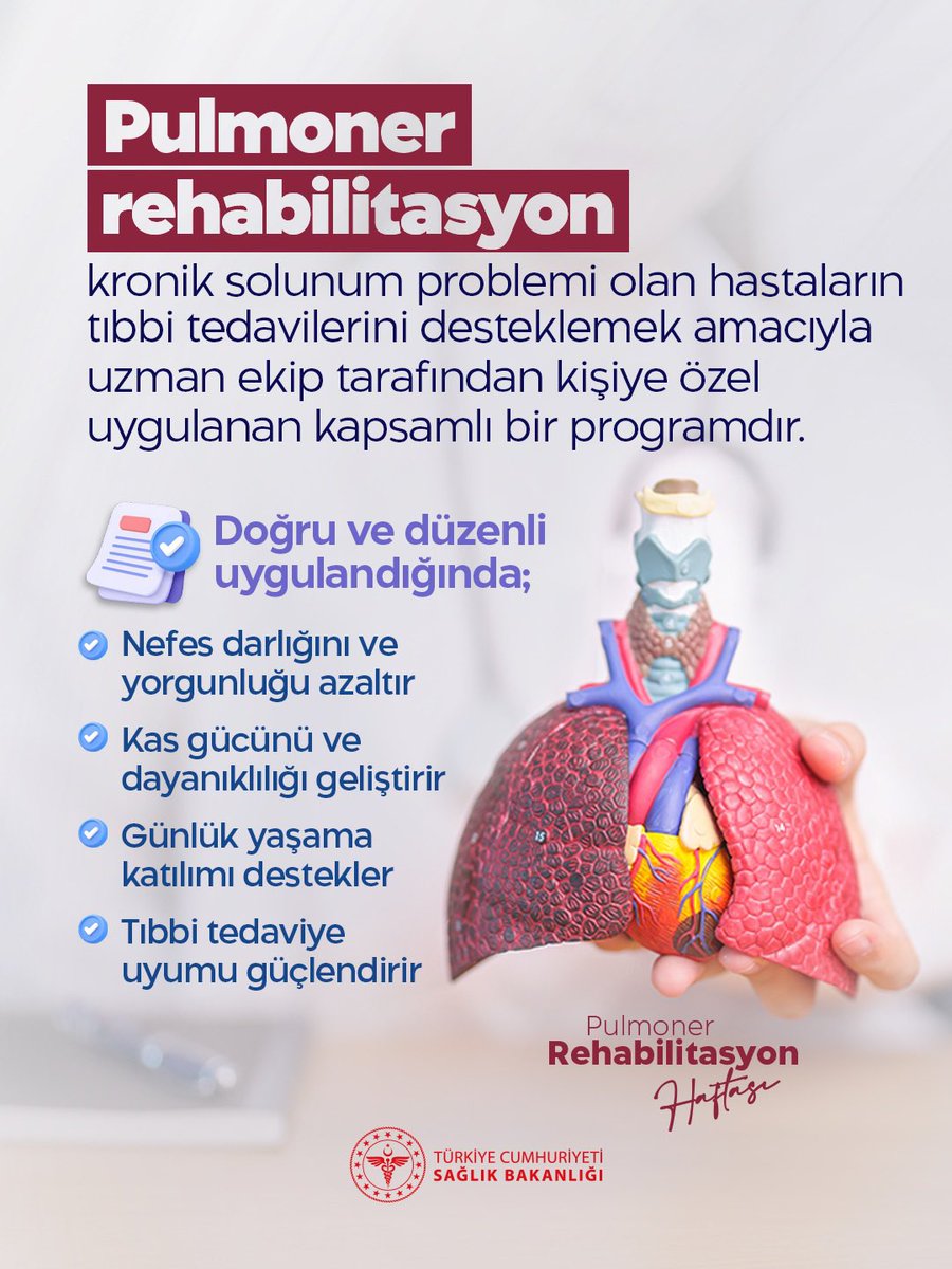 Pulmoner rehabilitasyon, kronik solunum problemi olan hastaların tıbbi tedavilerini desteklemek amacıyla uzman ekip tarafından kişiye özel uygulanan kapsamlı bir programdır.

#PulmonerRehabilitasyonHaftası