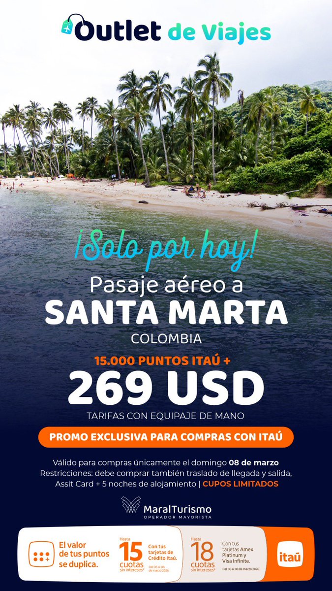 Último día del Outlet de Viajes!!!! Aprovecha increíbles ofertas por que se acaban Cancún paga 6 noches y te regalamos la 7ma !!! Descuentos en Europa y en salidas al Mundial !!!! Y también increíbles promo de pasajes con Itaú
