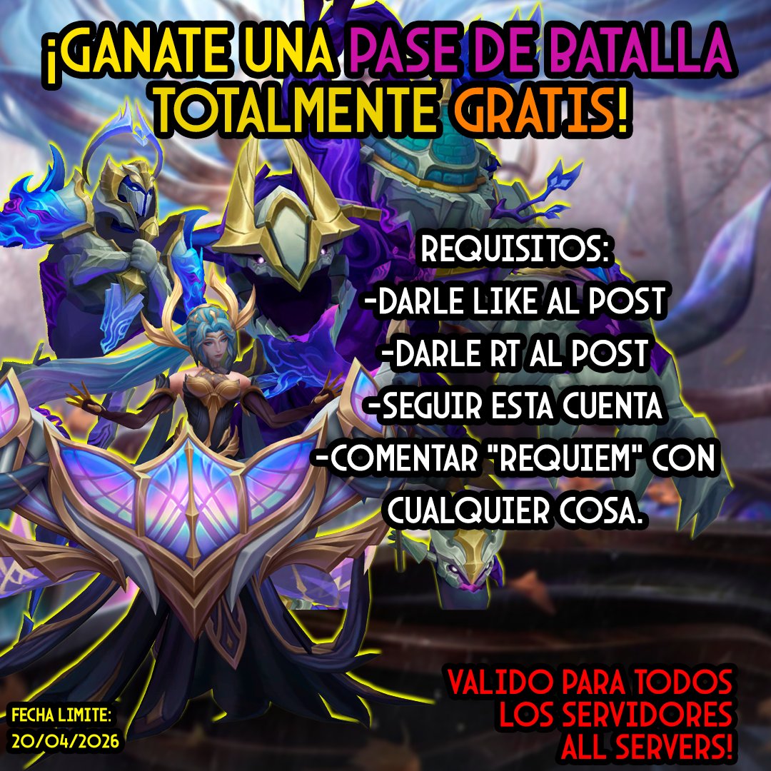 Iniciamos el mes con un SORTEO NUEVO! 
Esta vez vamos a sortear el pase de batalla del Requiem. 
-Requisitos:    
*Seguirme en Twitter   
*Darle Like al Post  
*RT al Tweet 
*COMENTAR "REQUIEM" con lo que quieras  
-Fecha limite: 20 DE ABRIL  
*ALL SERVERS  #lpp #PSL