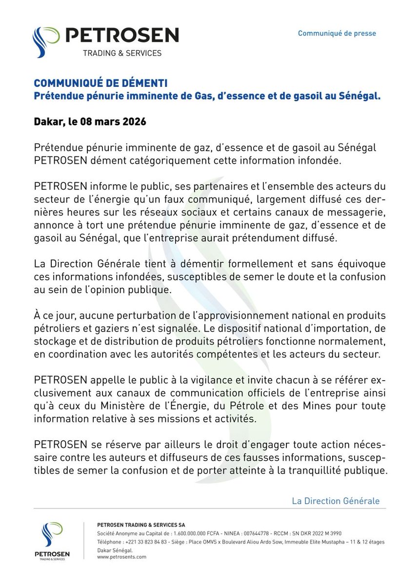 as_cleverO's tweet photo. Communiqué: #PETROSEN dément l'information sur une prétendue pénurie d'essence, Gasoil et Gas. https://t.co/OzRM3o9Bdk