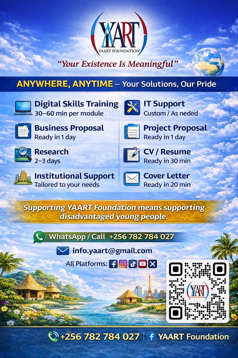 yaartfoundation's tweet photo. "Your Existence Is Meaningful"

ANYWHERE, ANYTIME – Your Solutions, Our Pride.
Technology has made the world a village.
Everywhere you can benefit from YAART.
💻 Online worldwide or in person where accessible
🖨️ Receive soft copies and print locally wherever you are https://t.co/HmvH9exoho